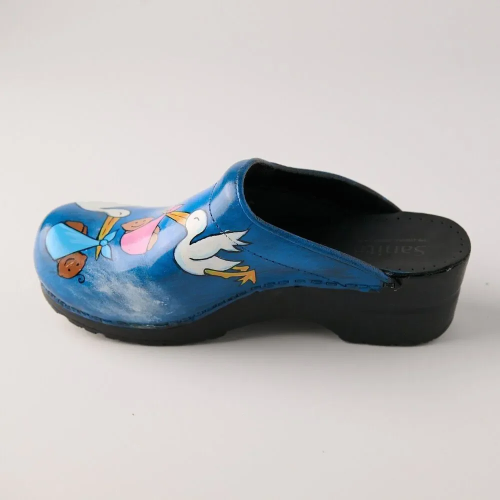 Sanita Hand Painted Stork Baby Clogs Sz 37 EU Nurse RN Midwife Shoes Denmark - Picture 11 of 15